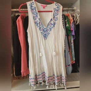 Lilly Pulitzer White Blue Pink Seashell Embroidered Totti Coverup Dress L EUC